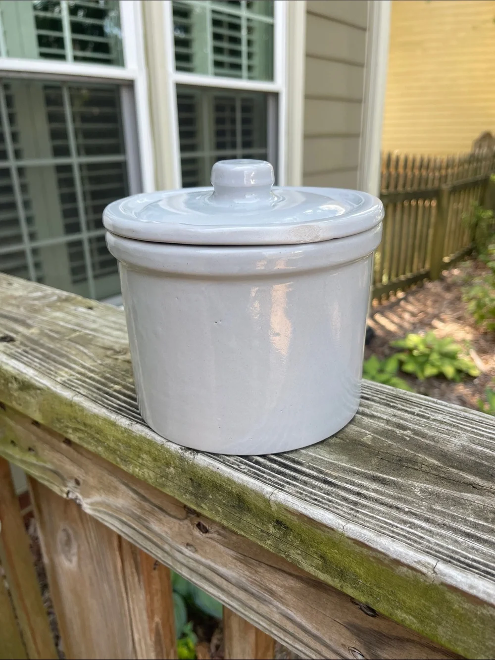 Vintage Grey Stoneware Snacks Crock Blue Floral